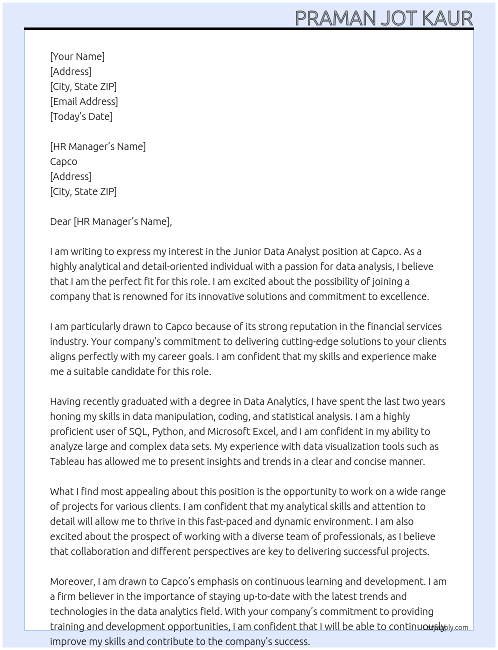 junior data analyst At Capco Cover Letter