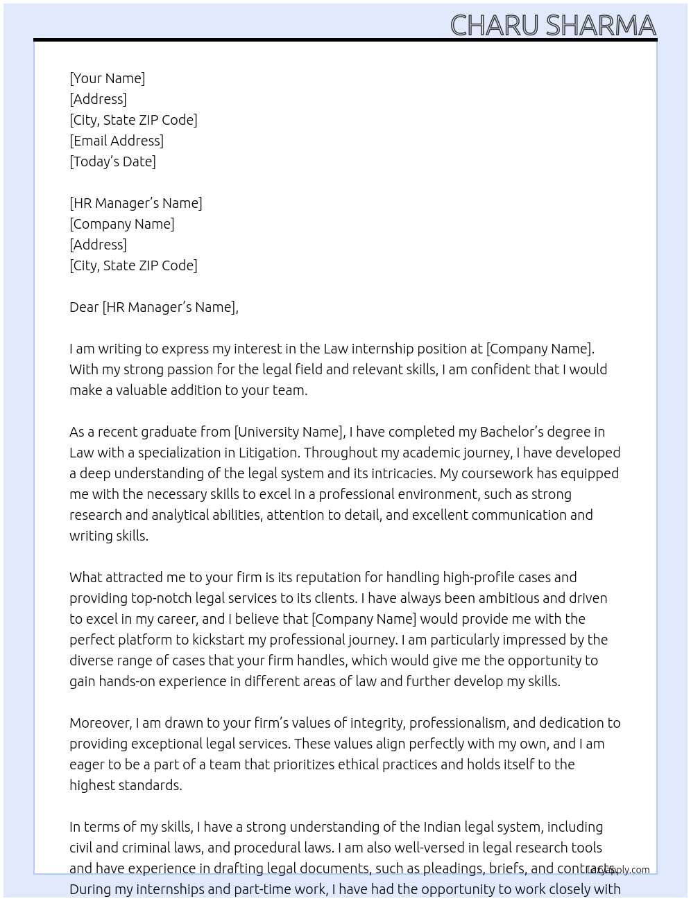 Law internship At LAW firm Cover Letter