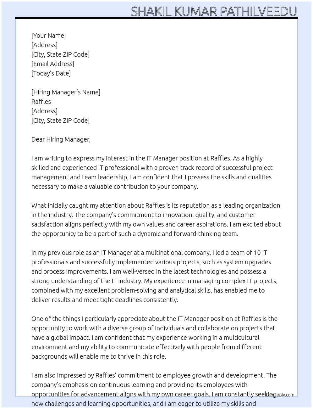 IT Manager At Raffles Cover Letter