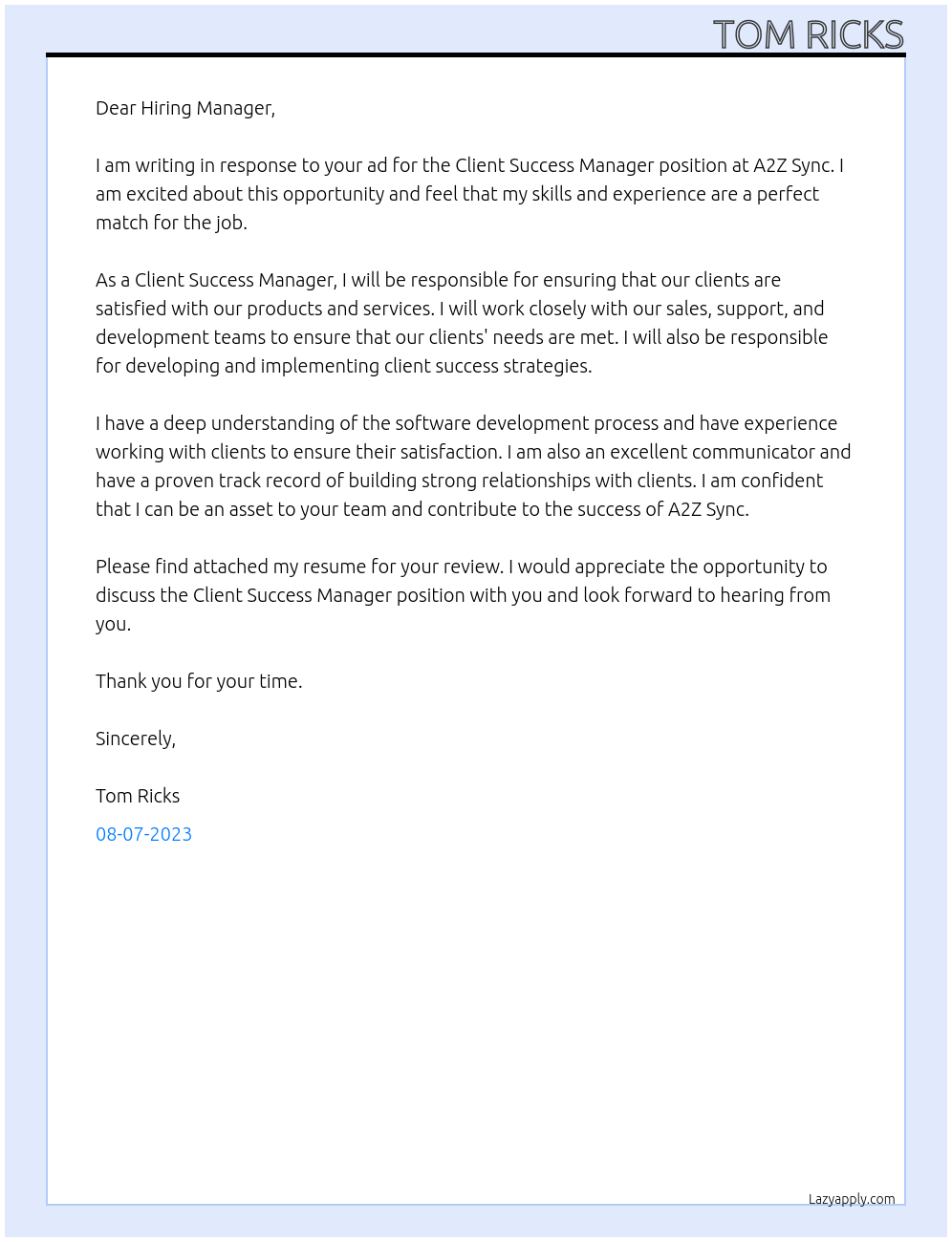 client success manager At A2Z Sync Cover Letter