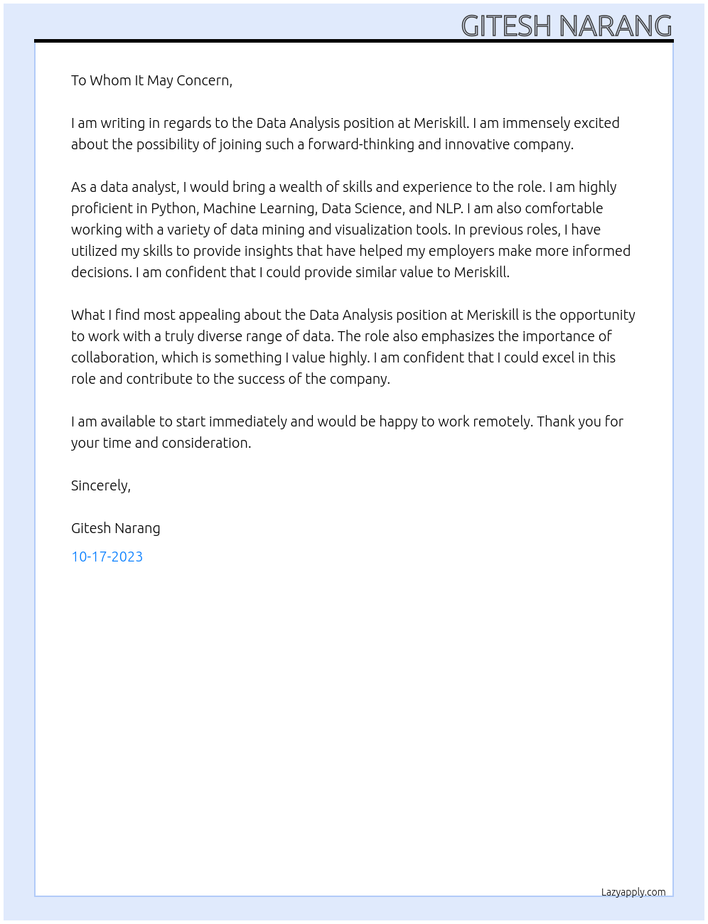 Data Analysis At Meriskill Cover Letter