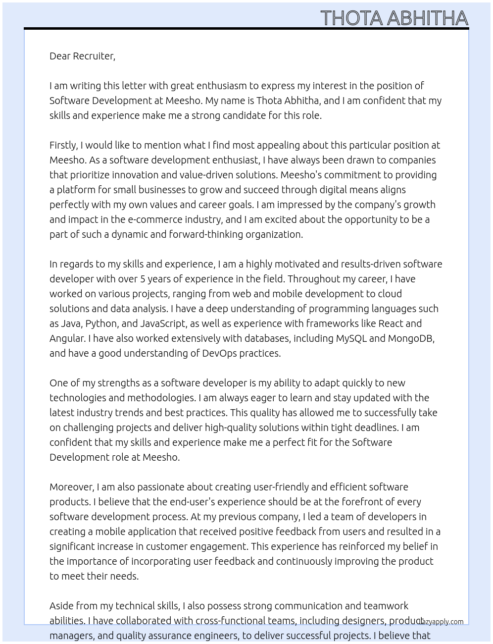 Software development At Meesho Cover Letter