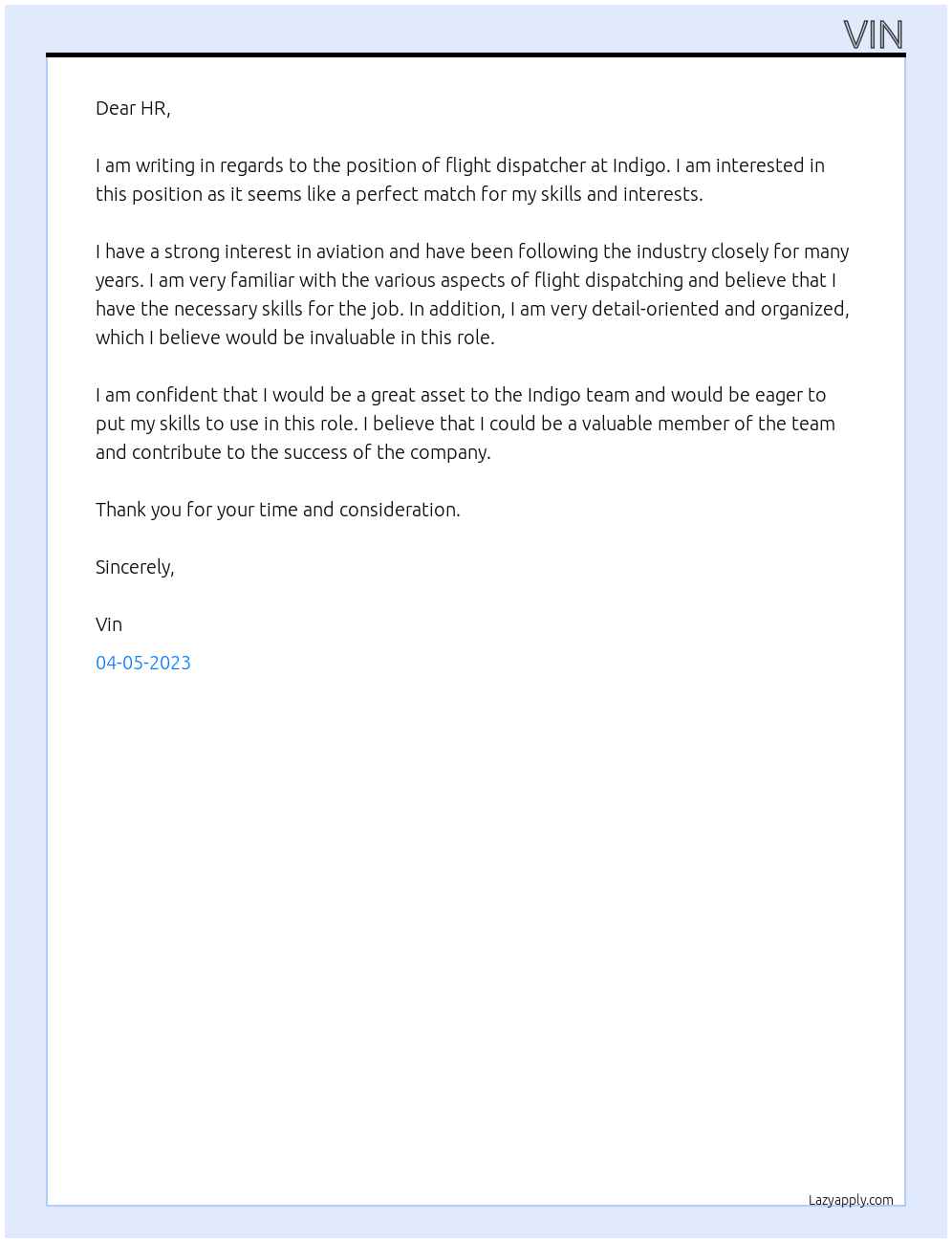Flight dispatcher At Indigo Cover Letter