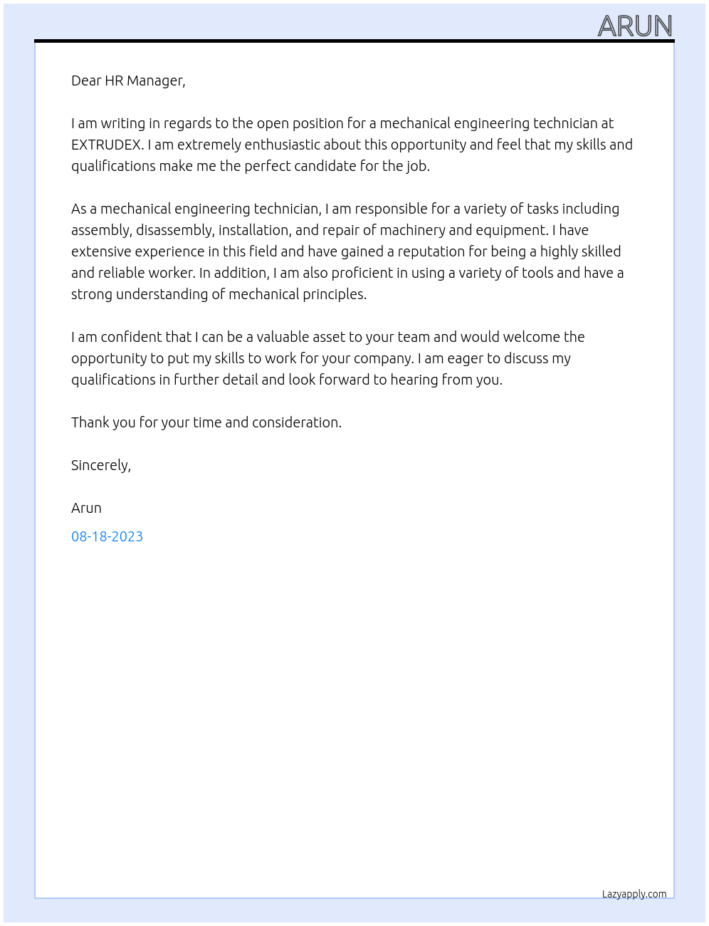 Mechanical engineering technician At EXTRUDEX Cover Letter