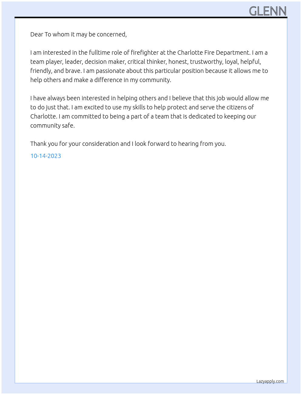 Firefighter At Charlotte Fire Department Cover Letter