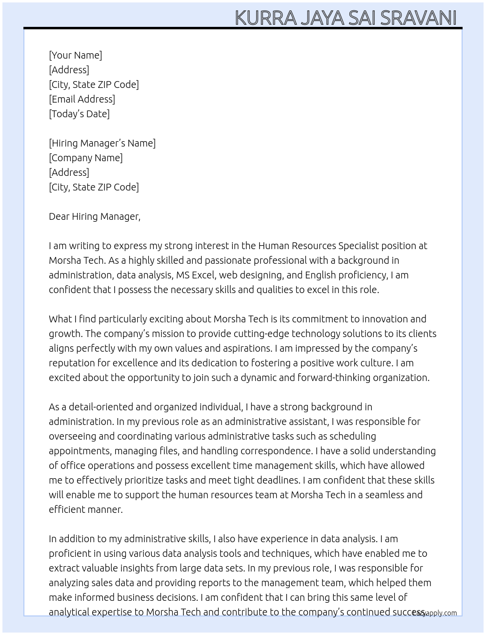 Human resources specialist At Morsha Tech Cover Letter