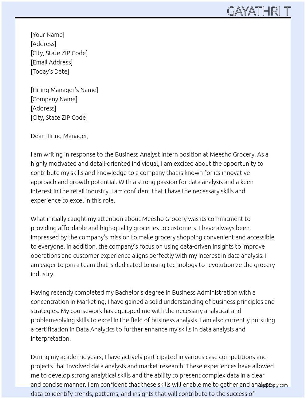 BUSINESS ANALYST INTERN At MEESHO GROCERY Cover Letter
