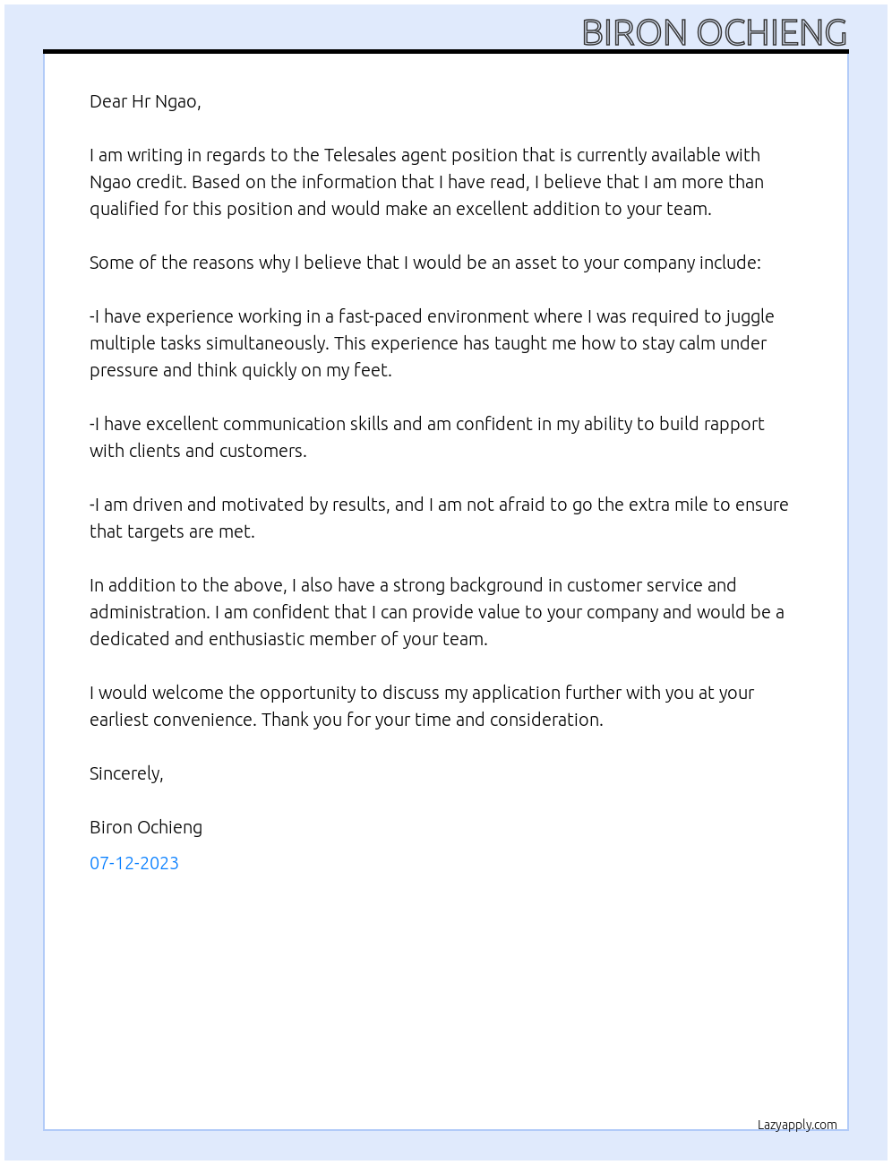 Telesales agent At Ngao credit Cover Letter