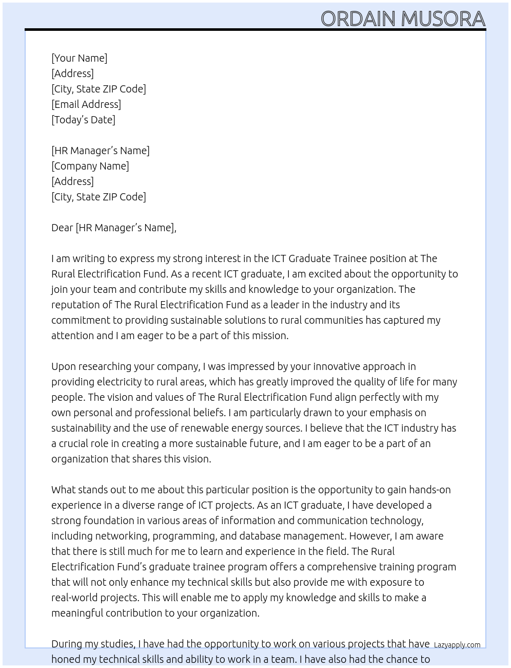 ICT Graduate Trainee At The Rural Electrification Fund Cover Letter
