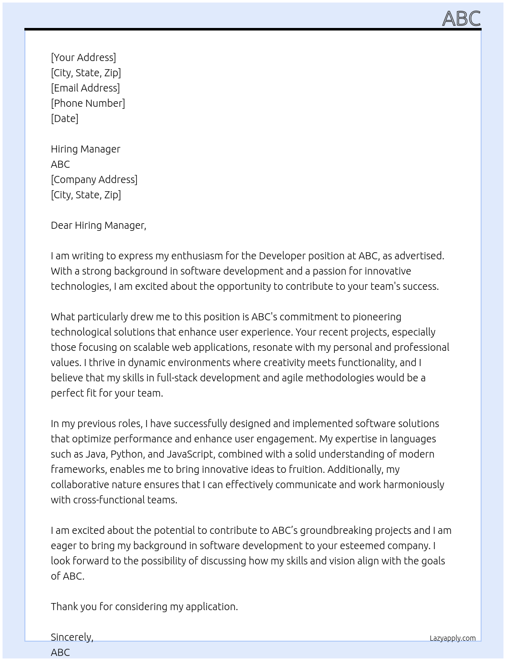 developer At abc Cover Letter