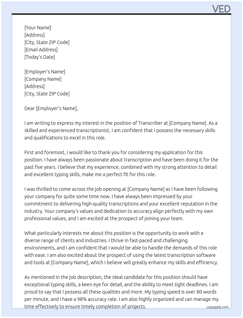 transcriber At noone Cover Letter