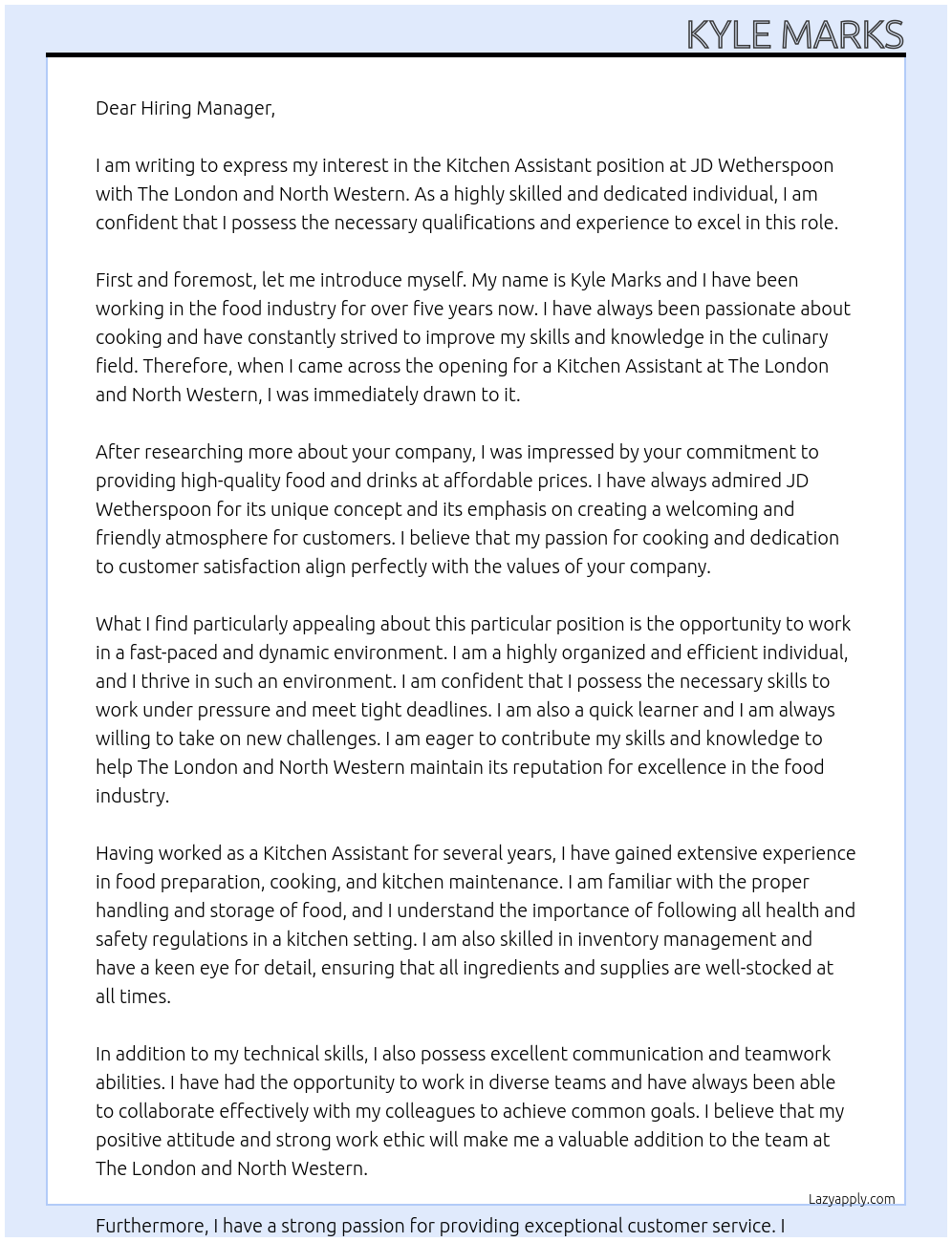 Kitchen Assistant At The London and North Western - JD Wetherspoon Cover Letter