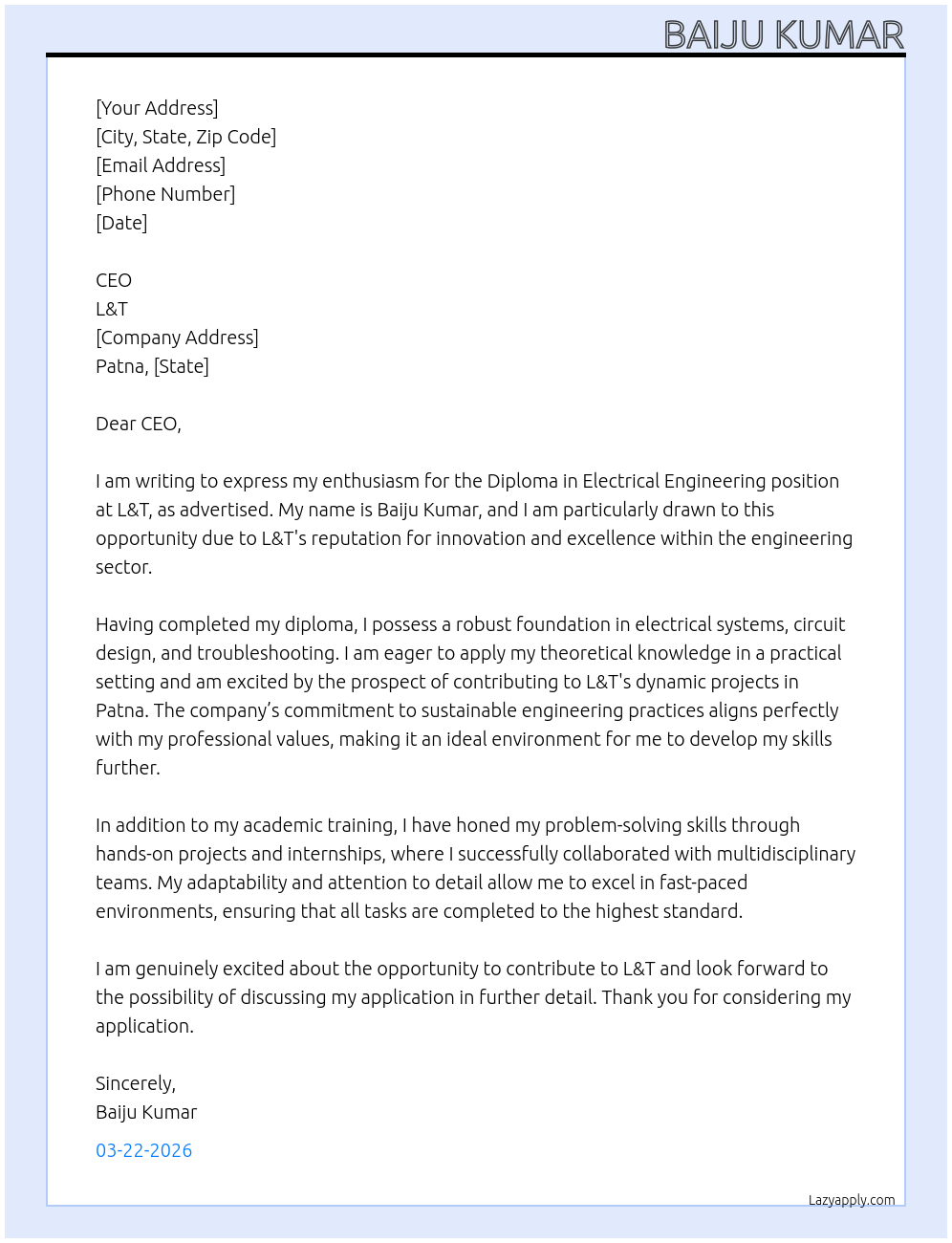 Diploma electrical engineering  At L&T Cover Letter