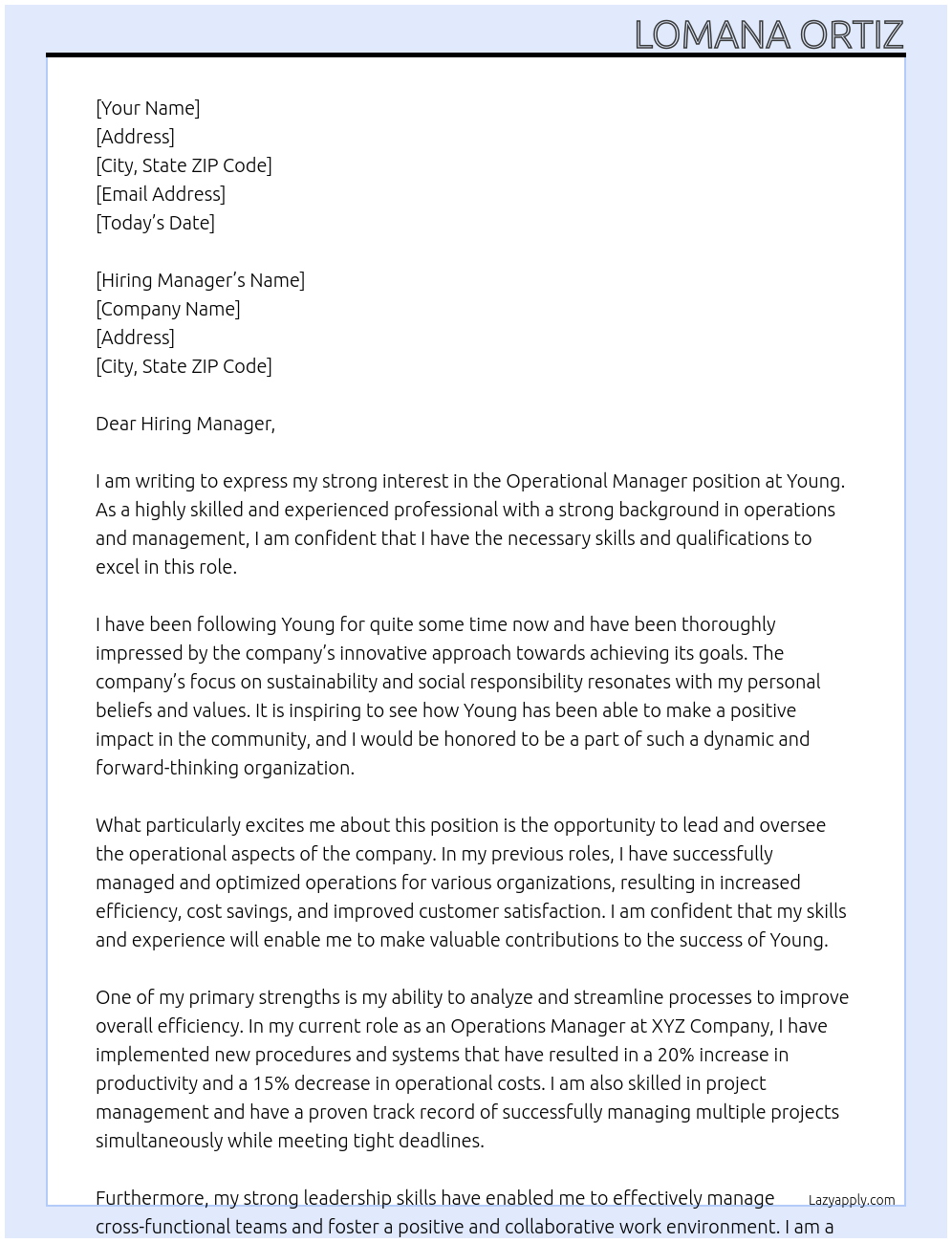 Operational Manager At Young Cover Letter