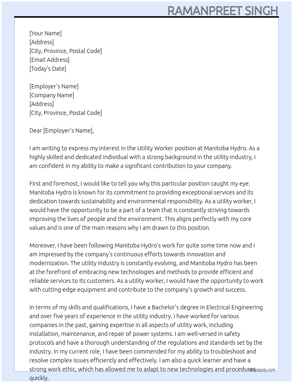 utility worker At Manitoba hydro Cover Letter
