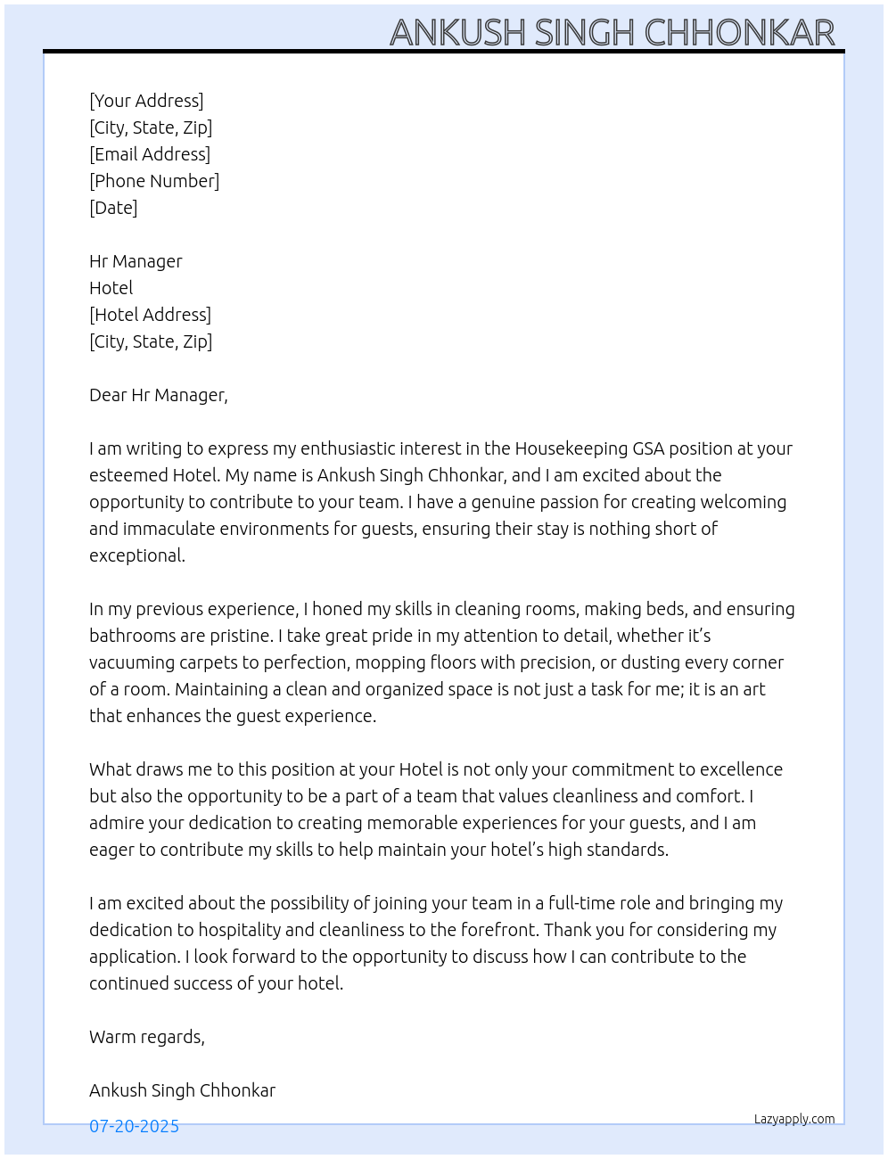 Housekeeping GSA  At Hotel  Cover Letter