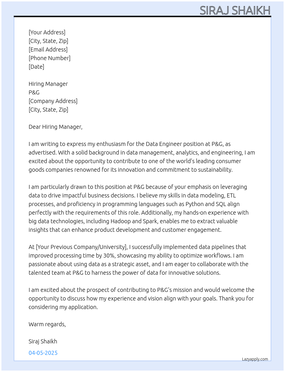 Data Engineer At P&G Cover Letter