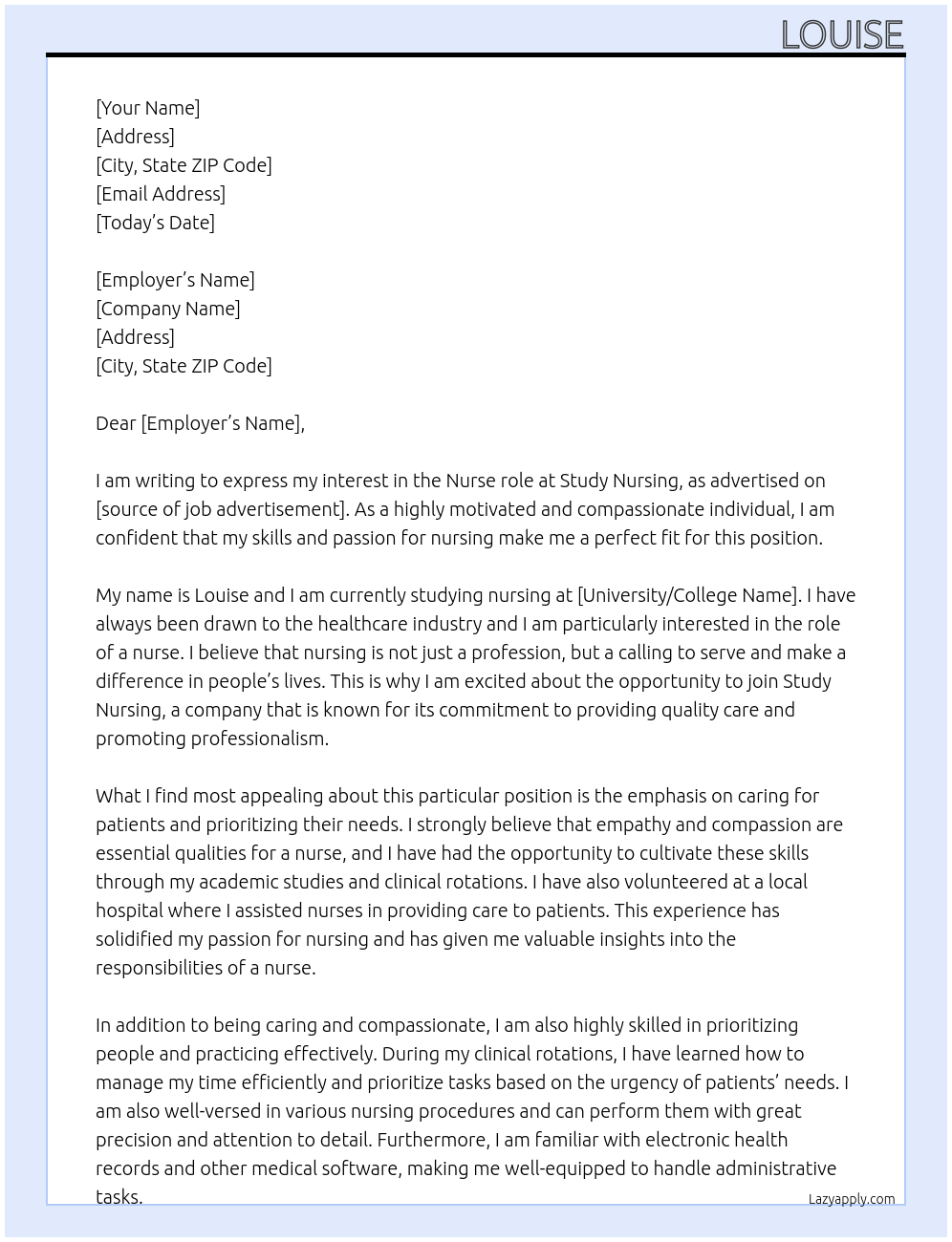 Cover letter for studying nursing - LazyApply
