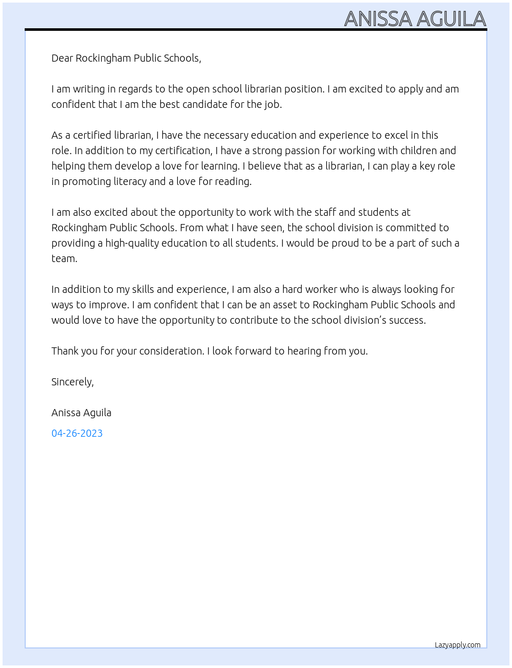 School Librarian At Rockingham County School Division Cover Letter