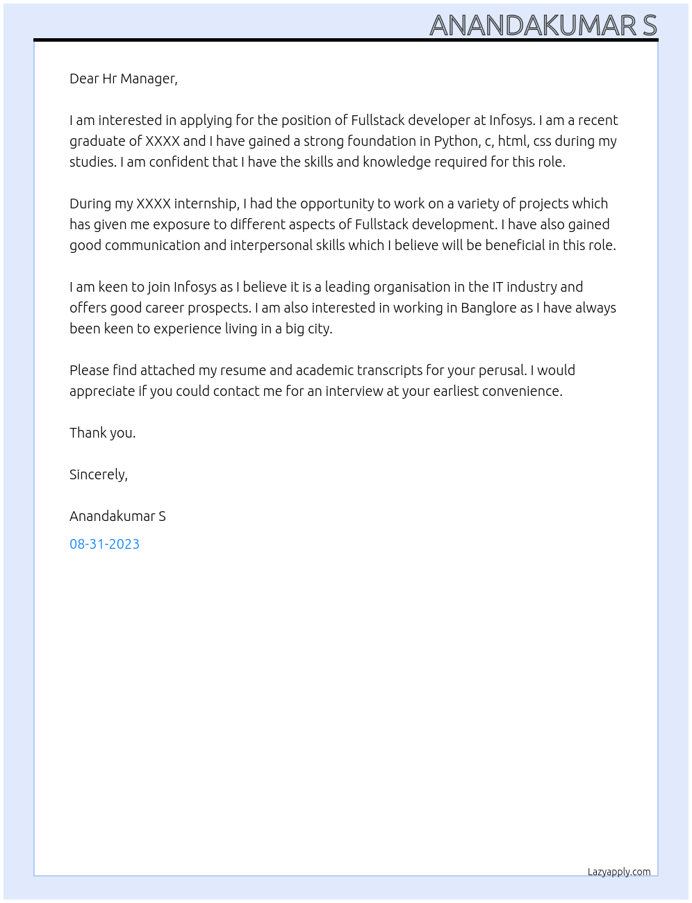 Fullstack developer At Infosys Cover Letter