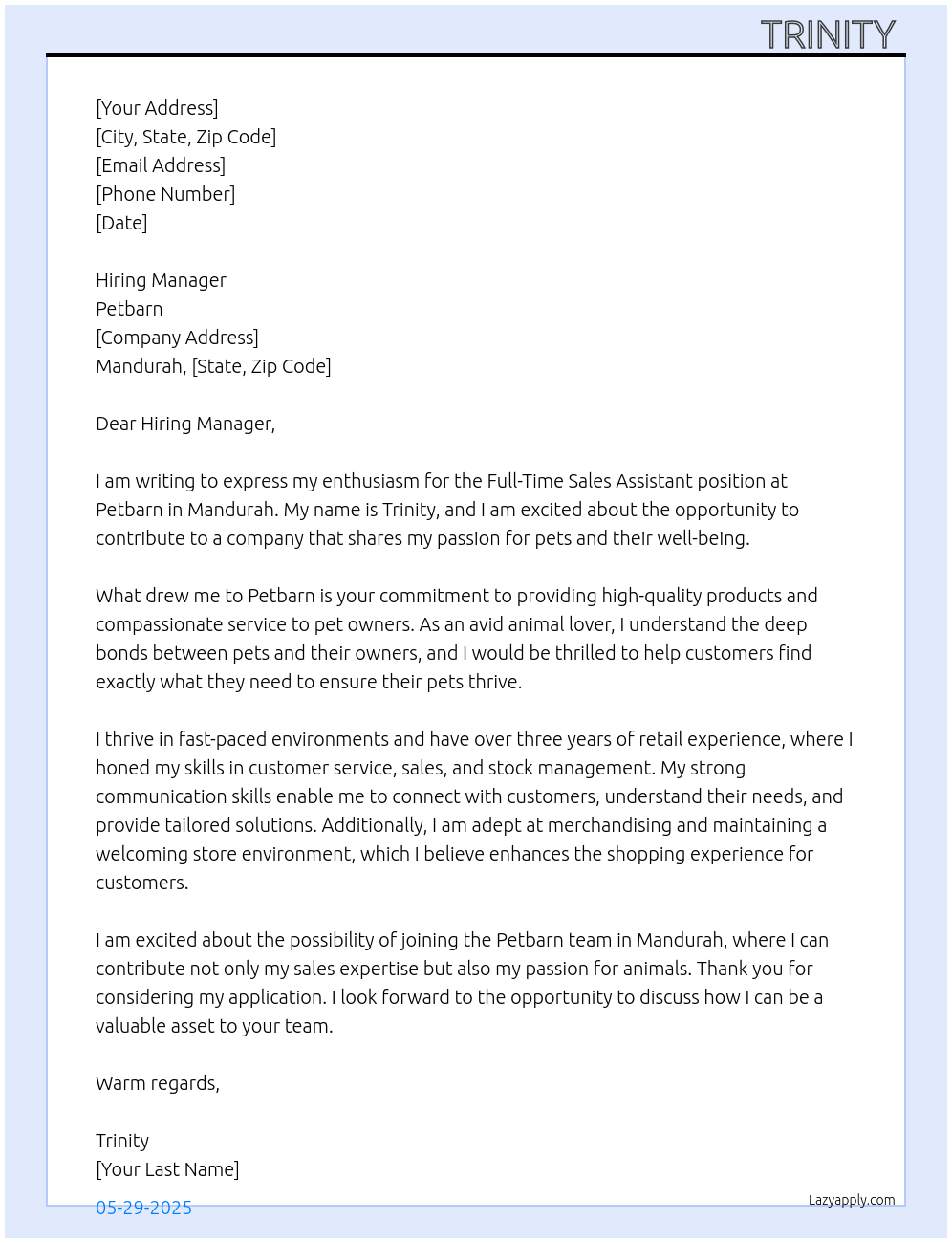 Sales assistant At Petbarn Cover Letter