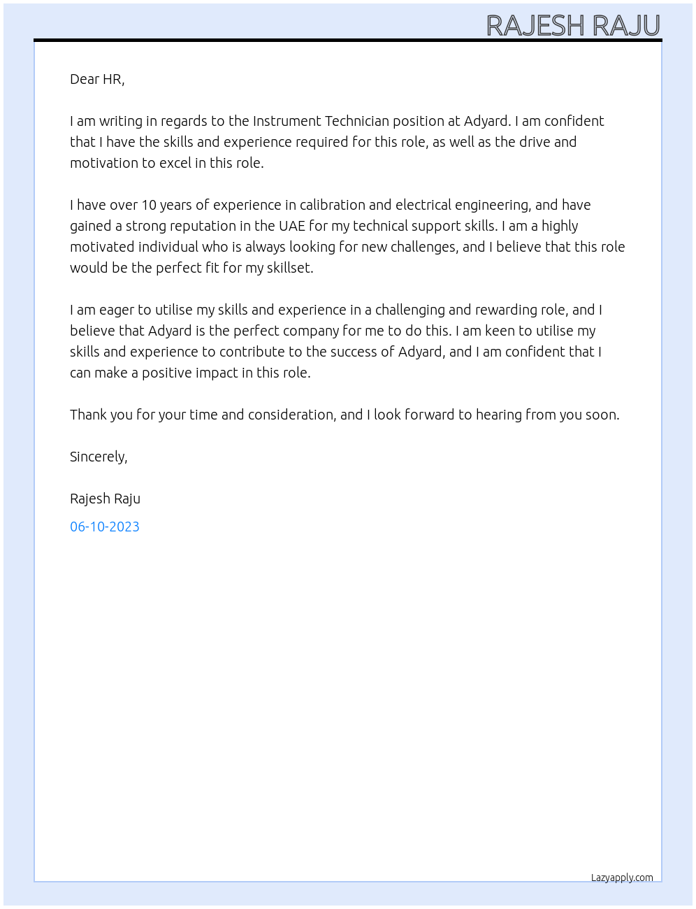 INSTRUMENT TECHNICIAN At ADYARD  Cover Letter