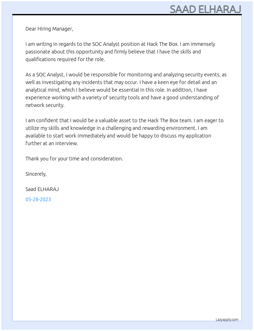 SOC Analyst At Hack The Box Cover Letter