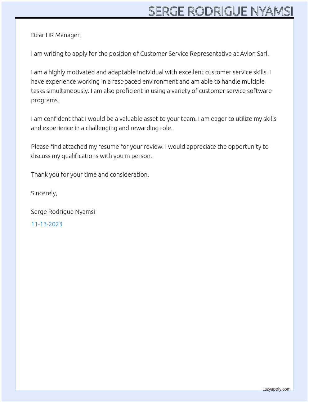 Customer Service Representative’s  At Avion Sarl Cover Letter