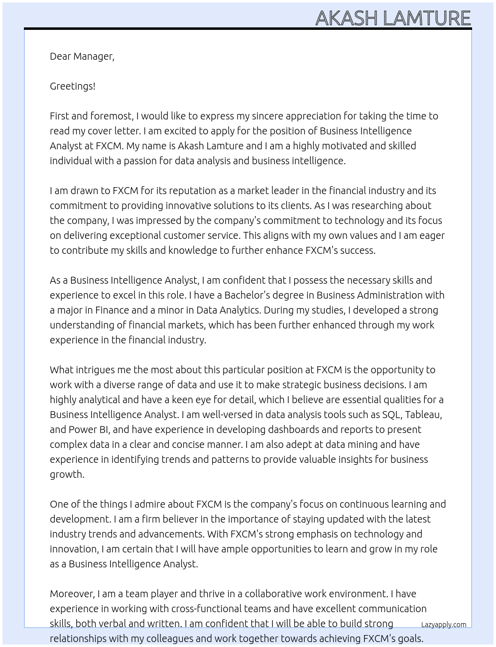 Business Intelligence Analyst At FXCM Cover Letter