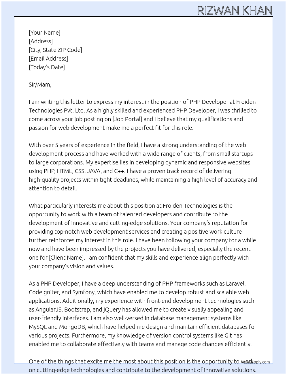 PHP DEVELOPER  At Froiden Technologies Pvt. Ltd. Cover Letter