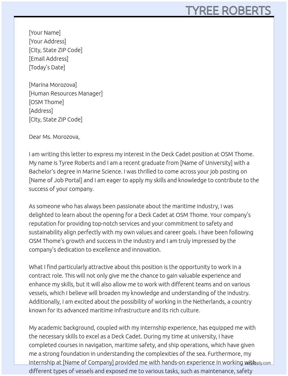 Deck Cadet At OSM Thome Cover Letter