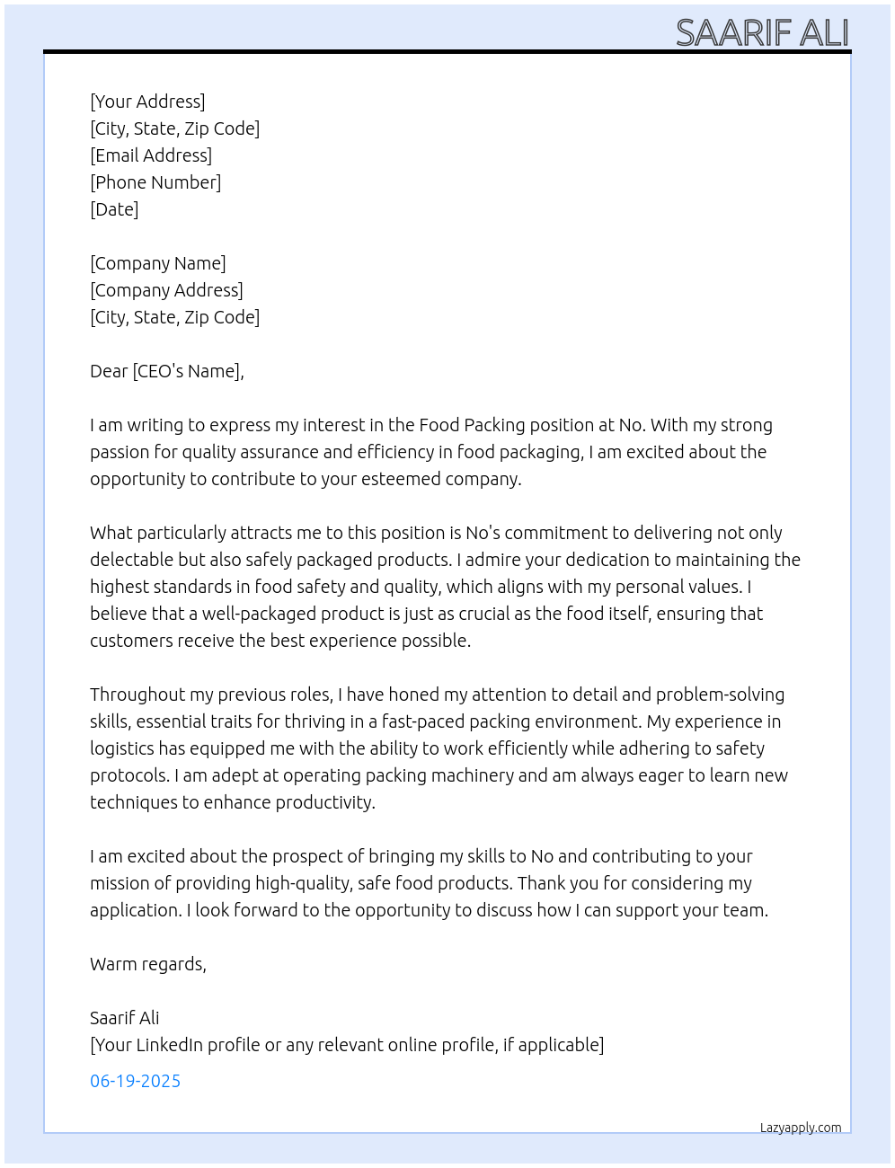 Food packing work At No Cover Letter