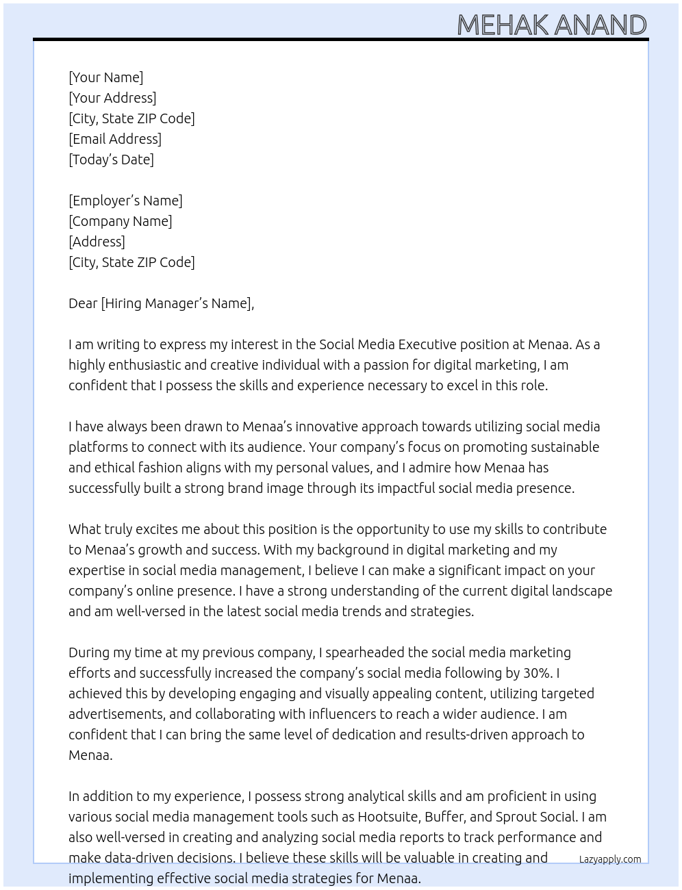 Social Media Executive At Menaa Cover Letter