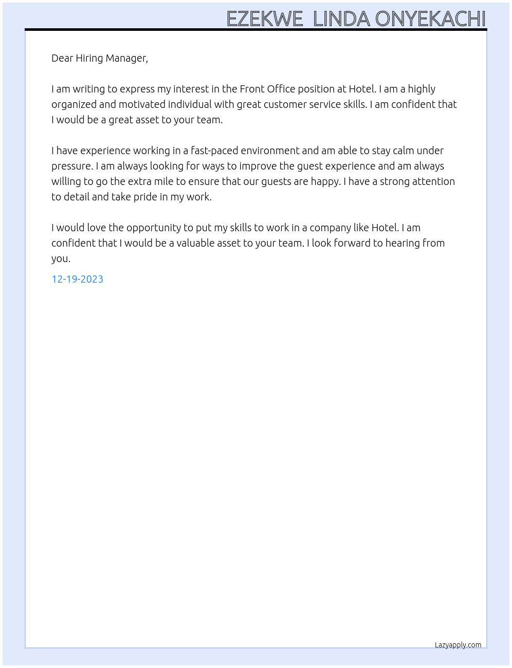 Front office  At Hotel Cover Letter