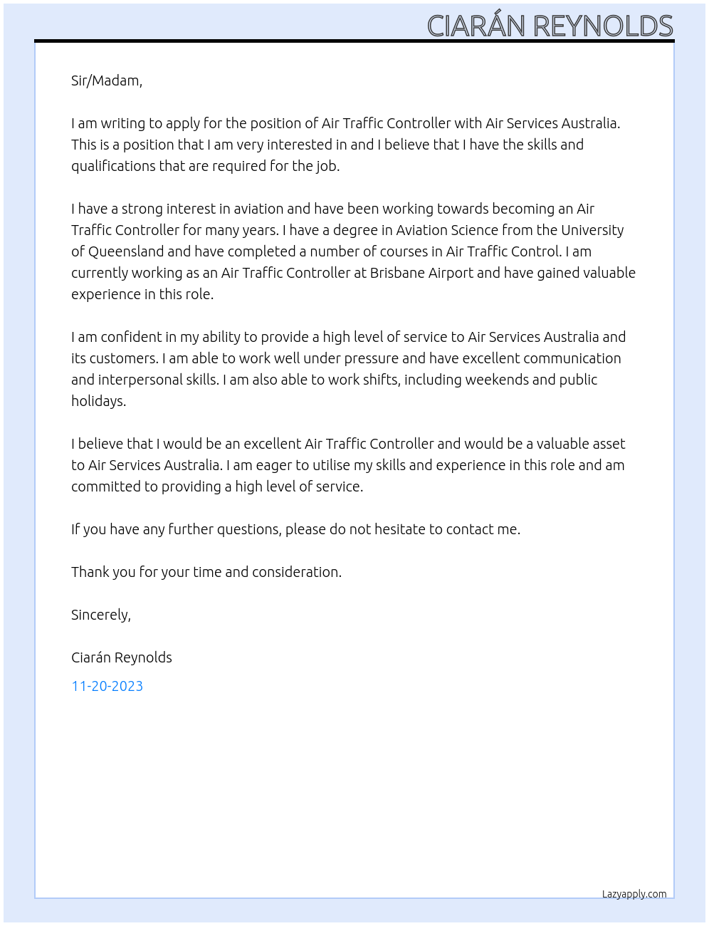 Air Traffic Controller At Air services Australia Cover Letter
