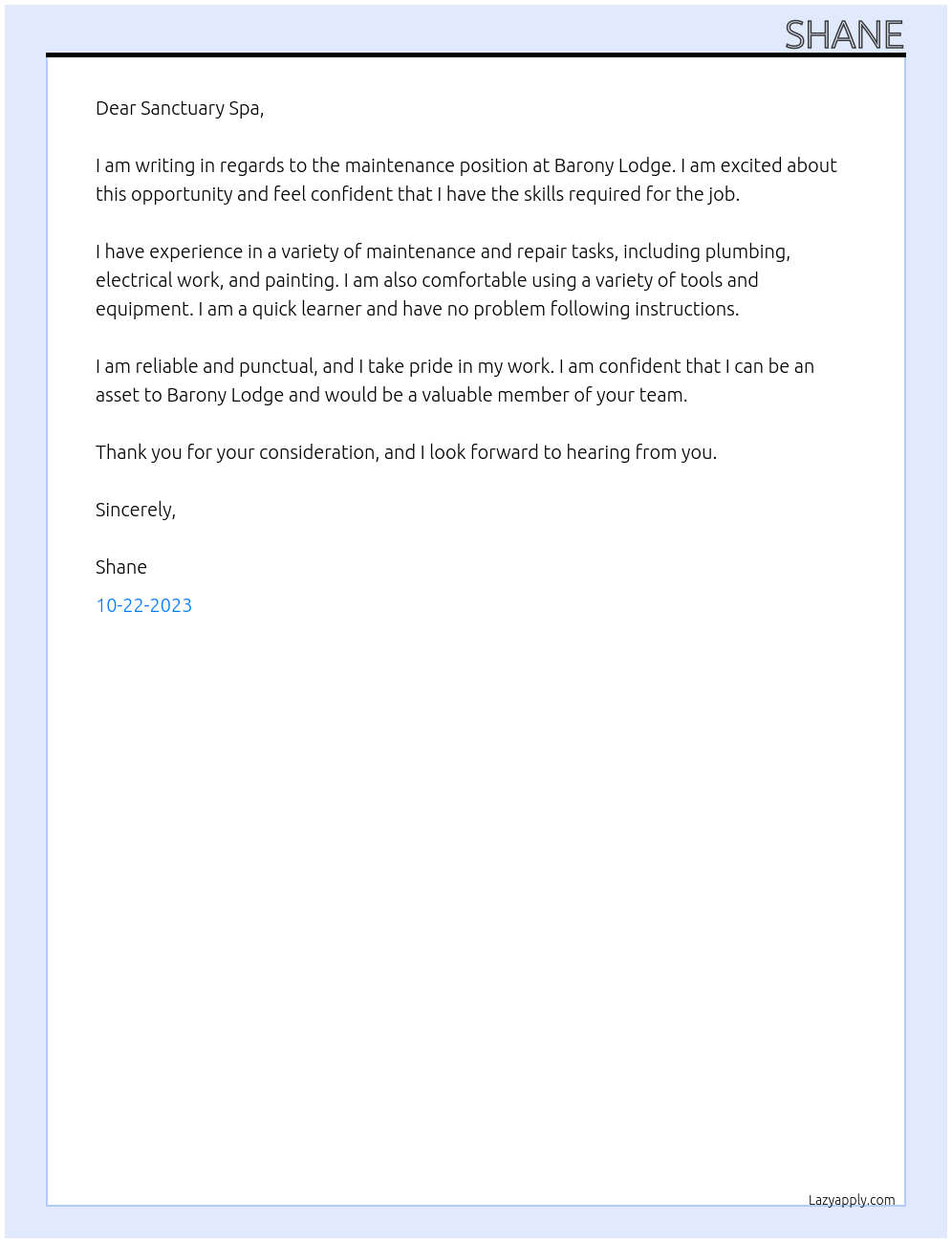 maintenance At Sanctuary Spa Cover Letter