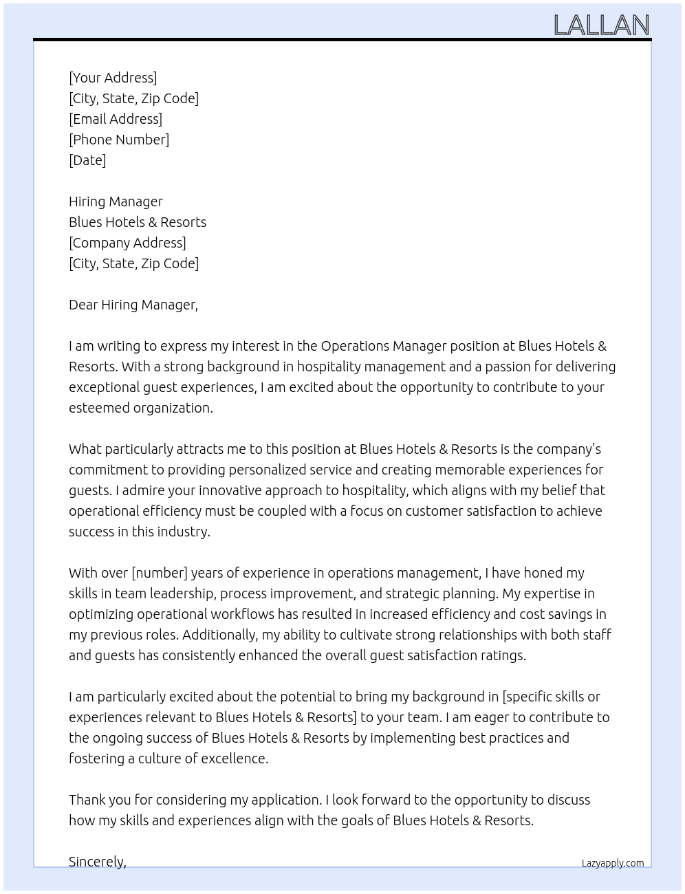 operation Manager At Blues hotels & Resorts Cover Letter