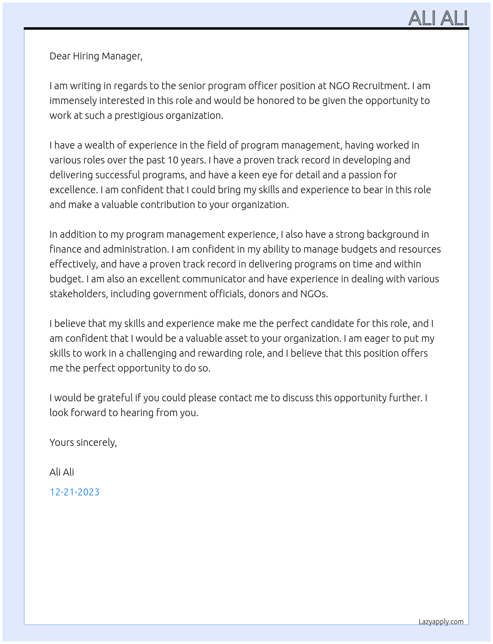 senior program officer  At NGO Recruitment Cover Letter