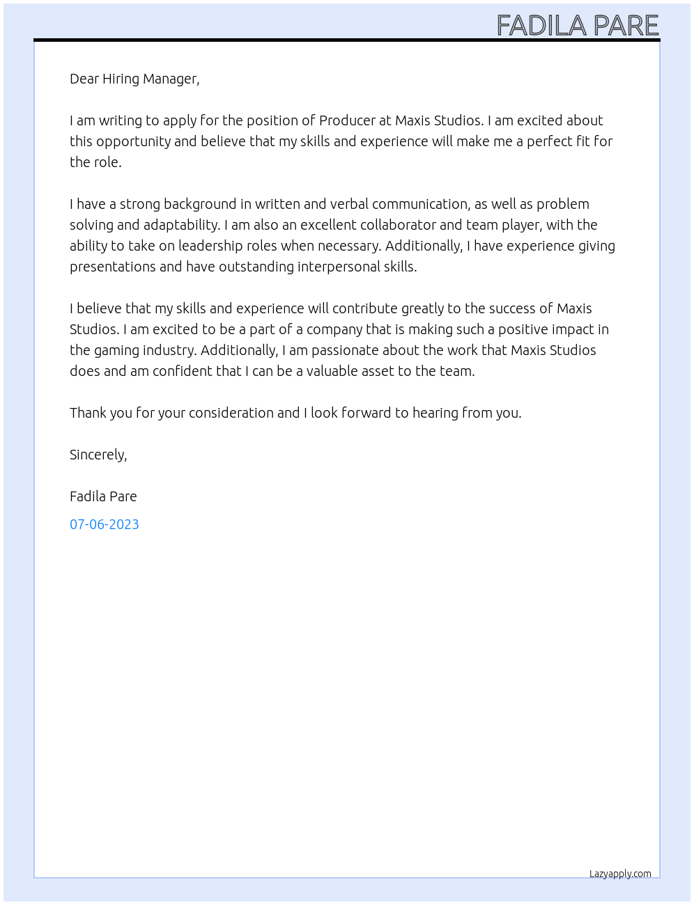 Producer At Maxis Studios Cover Letter