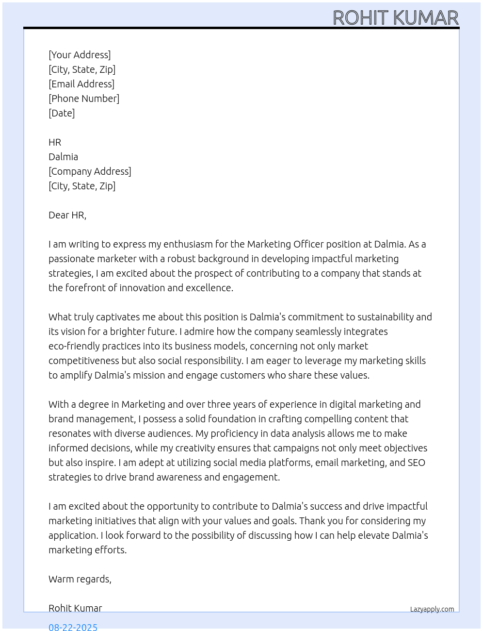 Cover letter for marketing officer - LazyApply