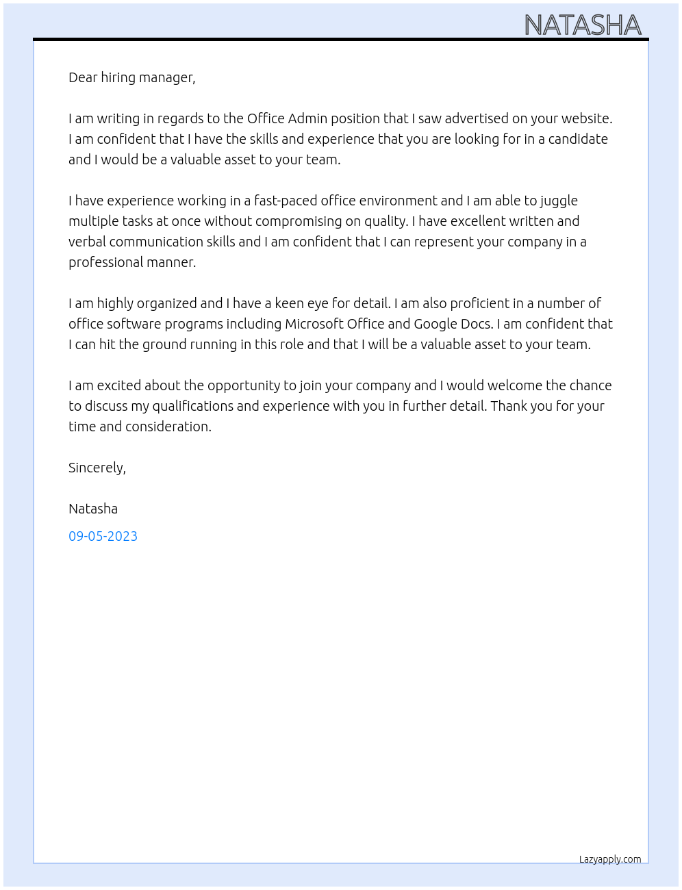 Office admin  At Culdemfaw Cover Letter