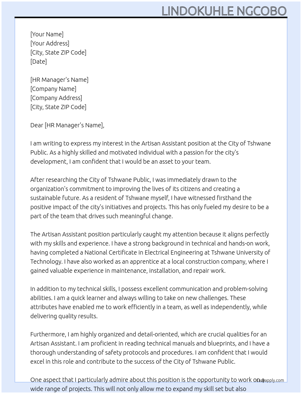 artisan assistant At City of Tshwane public Cover Letter