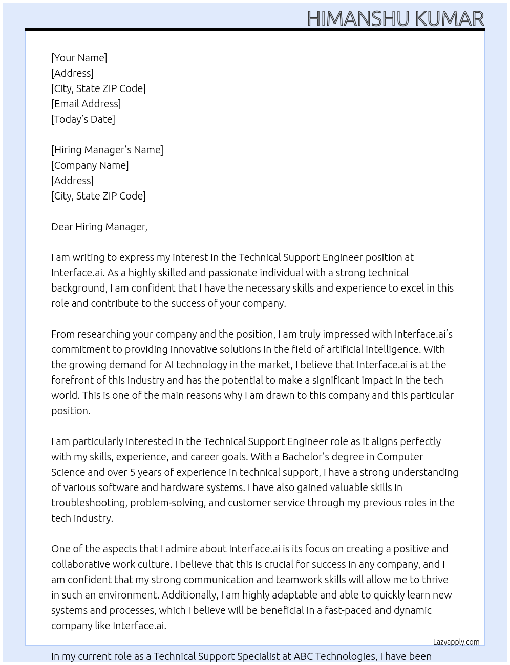 Technical Support Engineer At Interface.ai Cover Letter