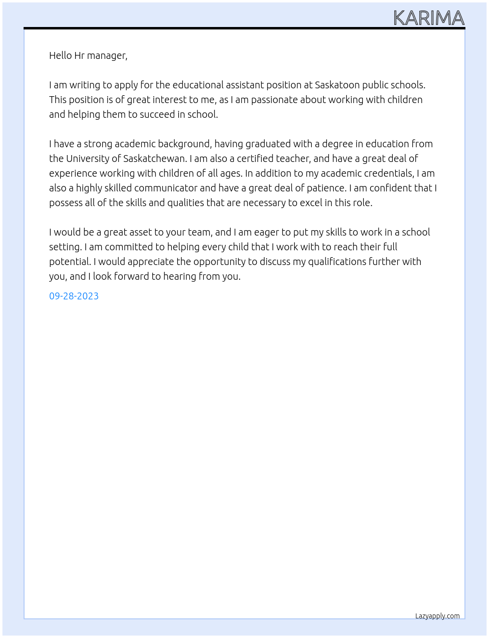 educational assistant At saskatoon public schools Cover Letter