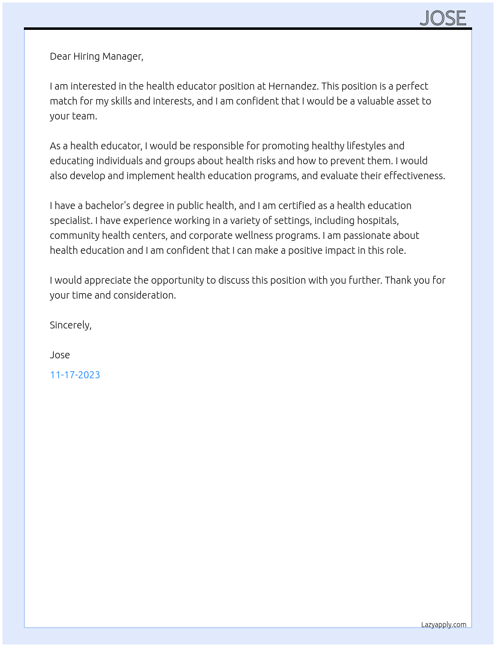 health educator  At hernandez  Cover Letter
