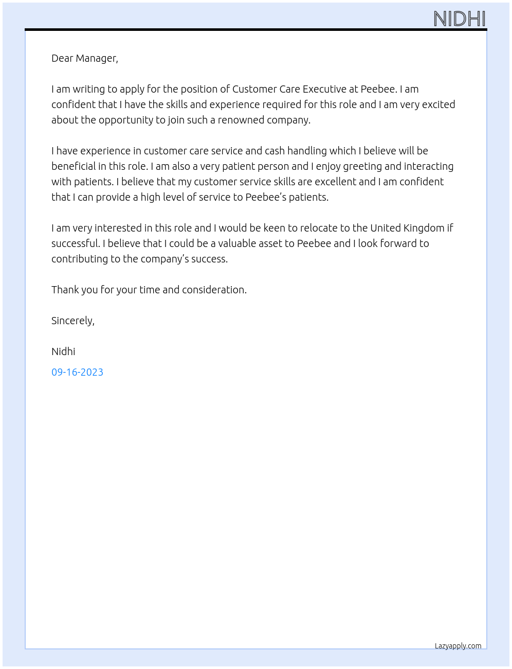 Customer care executive At Peebee Cover Letter