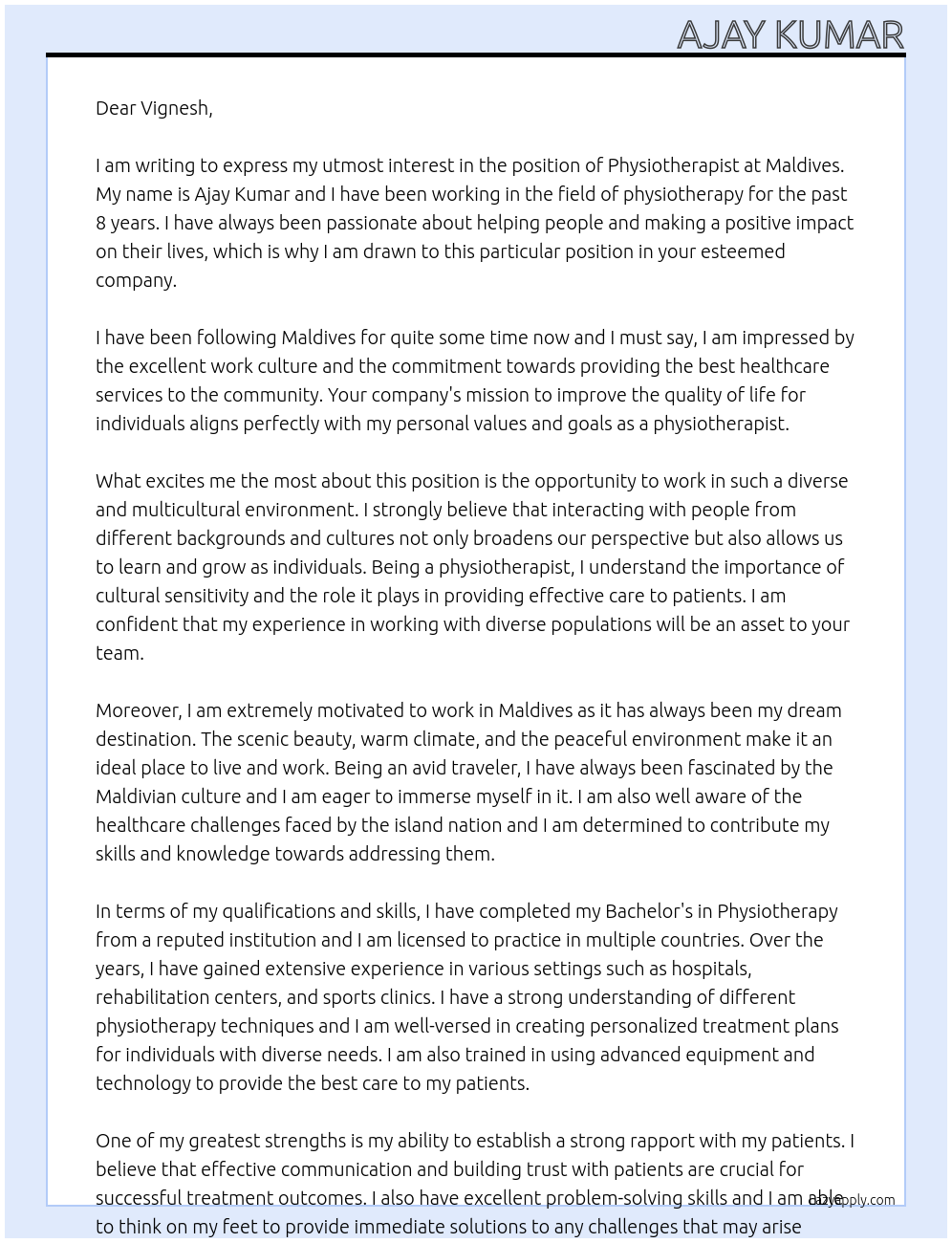 PHYSIOTHERAPIST At MALDIVIES Cover Letter