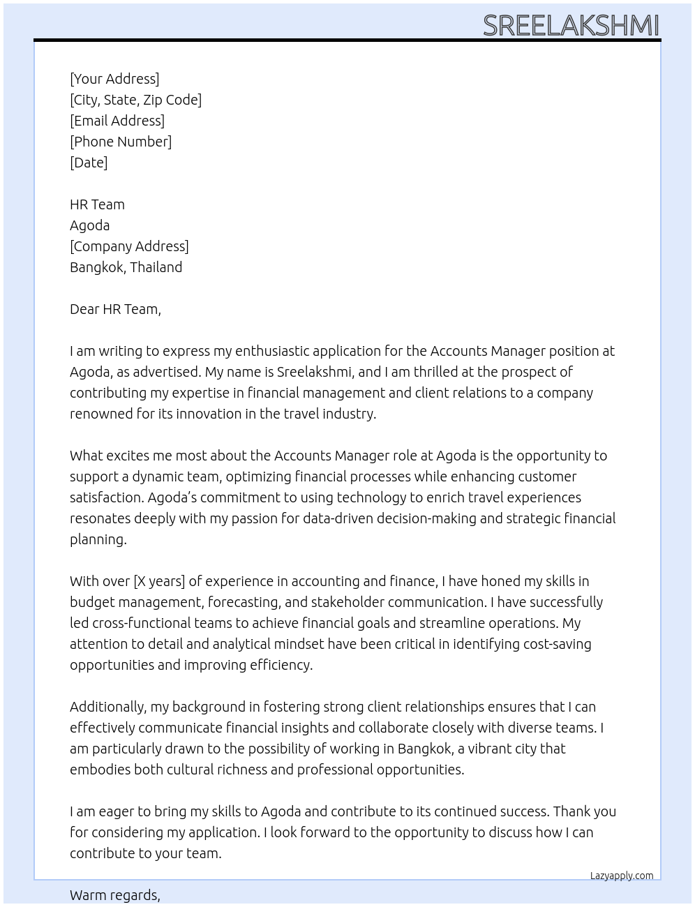 Accounts Manager At Agoda Cover Letter