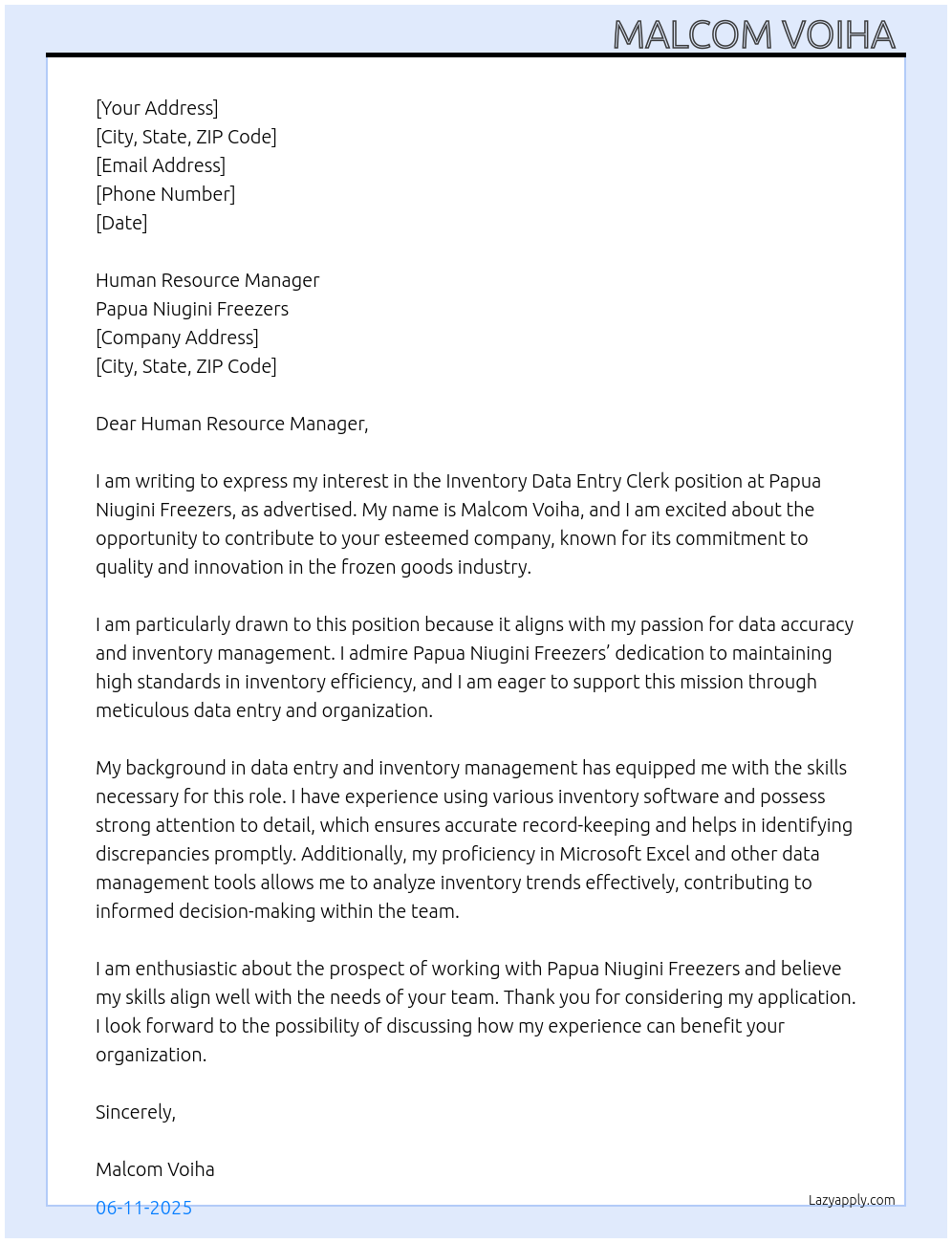 Cover letter for inventory data entry clerk - LazyApply