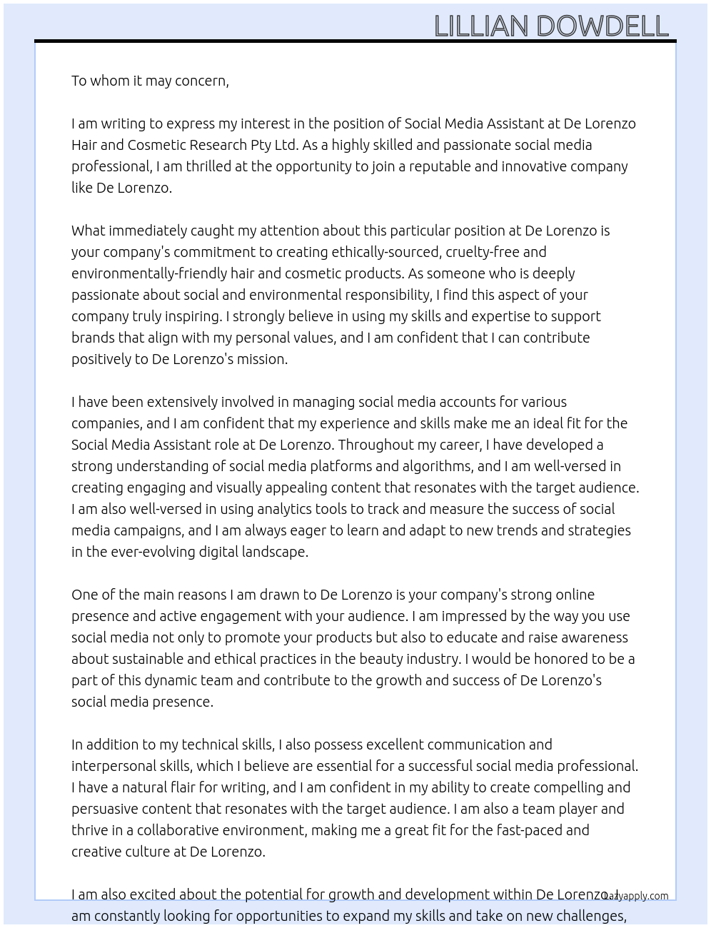 Social Media Assistant At De Lorenzo Hair and Cosmetic Research Pty Ltd. Cover Letter